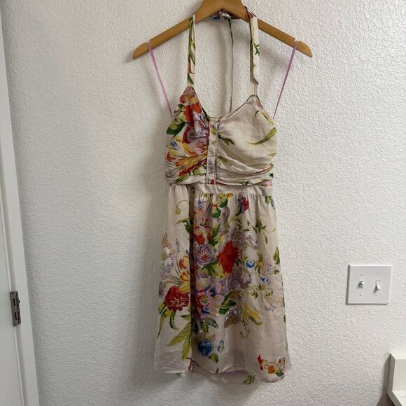 Leifsdottir Anthropologie Cream Colorful Floral 100% Silk Mini Dress Size 4 - Picture 1 of 4